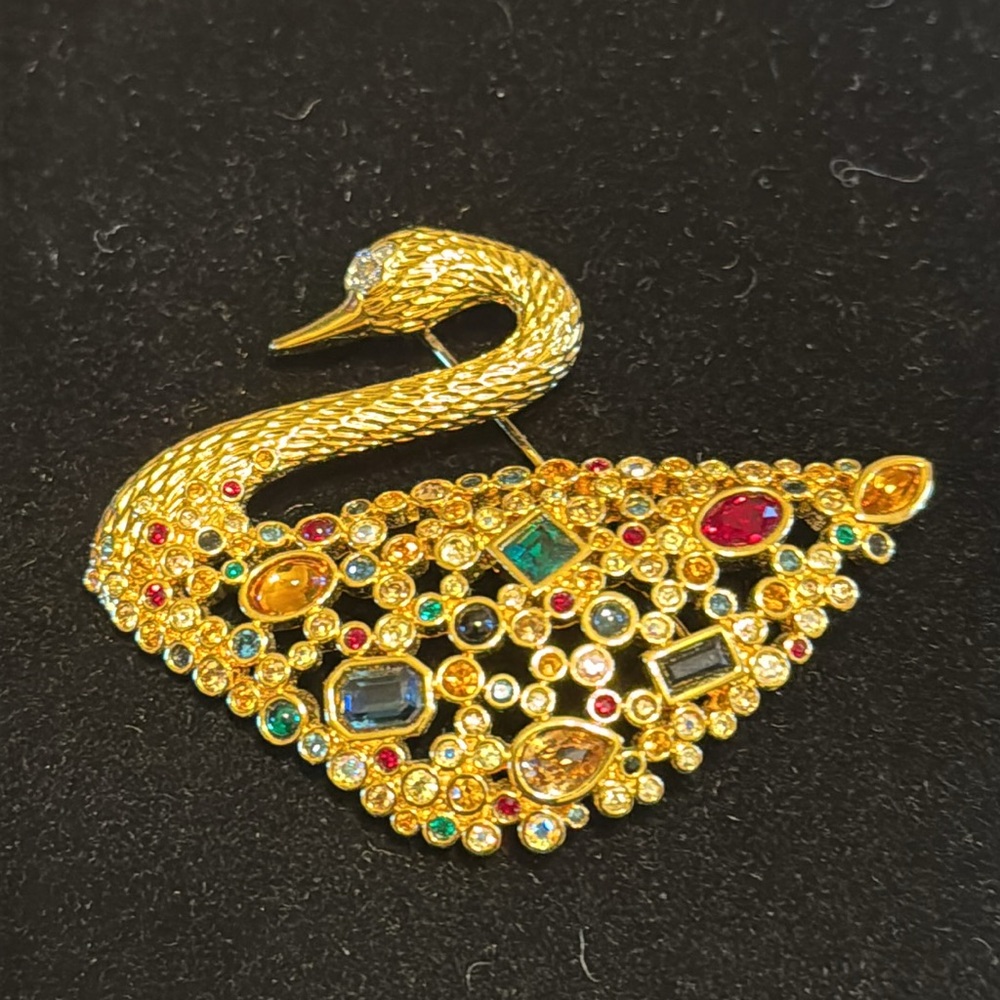 Vintage Swarovski multi-hued crystal centenary 100th anniversary swan brooch